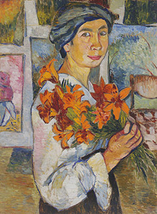 N.S. GONCHAROVA  'SELF-PORTRAIT WITH YELLOW LILIES', from the Tretyakov State Gallery collection